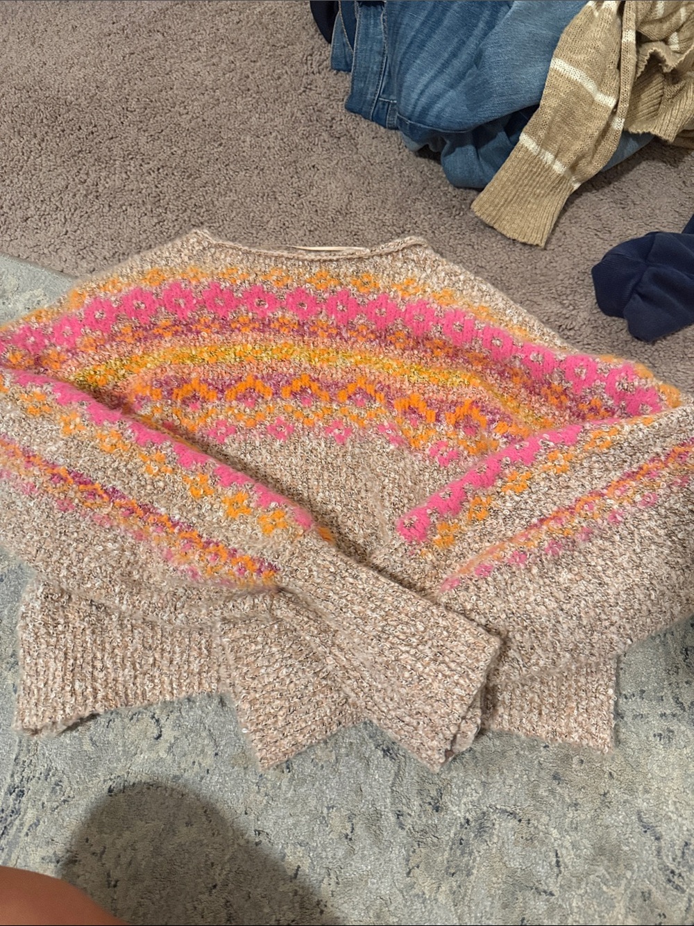 Free People Cream Sweater with Pink & Orange Fair Isle Yoke